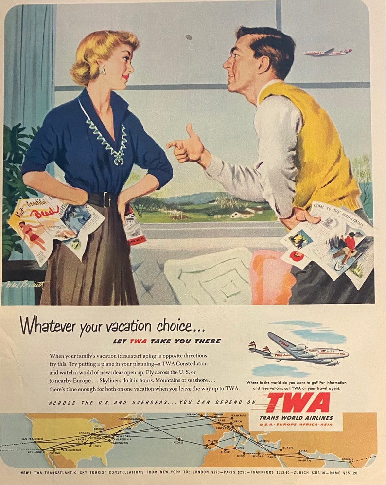 Vintage 1952 TWA Airlines Travel Framed Magazine Ad 16x12 - Etsy