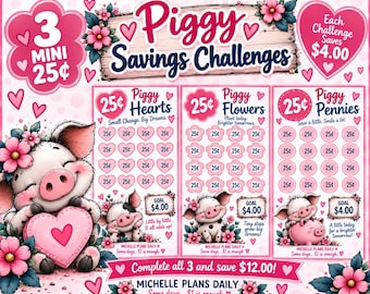 25 Cent Piggy Savings Challenges | 3 Mini Savings Challenges | Low Income Budget | Cash Stuffing Printable | Digital Download