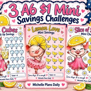 Peut inclure: Trois trackers de défis d'épargne A6 avec des cochons en robe rose. Les cartes sont intitulées Ice Cubes, Lemon Love et Slice of Savings. Chaque carte comprend des rangées d'icônes à colorier, des signes dollar et le texte Michelle Plans Daily.