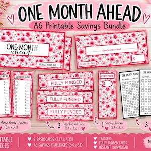 May include: A printable A6 savings bundle featuring floral patterns in shades of pink and red. The set includes two dashboards measuring 7.17 x 4.35 inches, three trackers, three fully funded cards, one savings tracker, and three 60-box trackers measuring 6.4 x 3.1 inches.