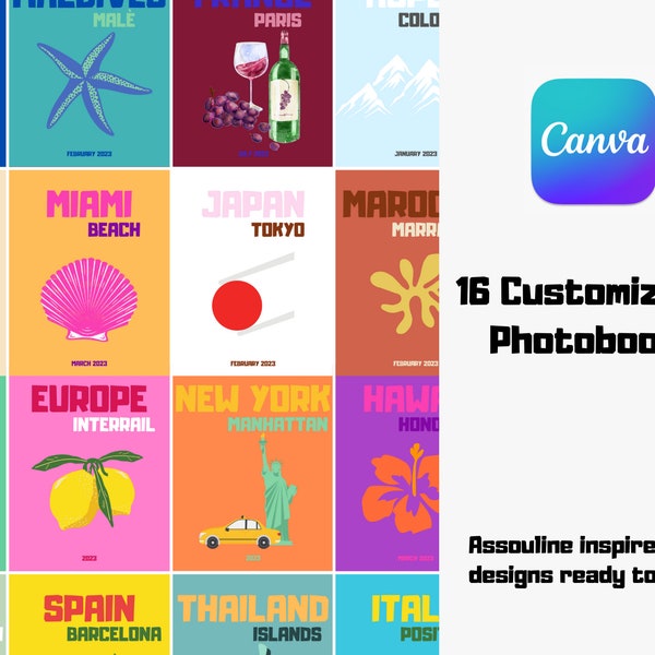16 Assouline Fotobuch-Vorlagen | Reise Fotoalbum Vorlage Canva | Personalisierbares Coffee Table Book | Reise-Album zum Ausdrucken | Assouline