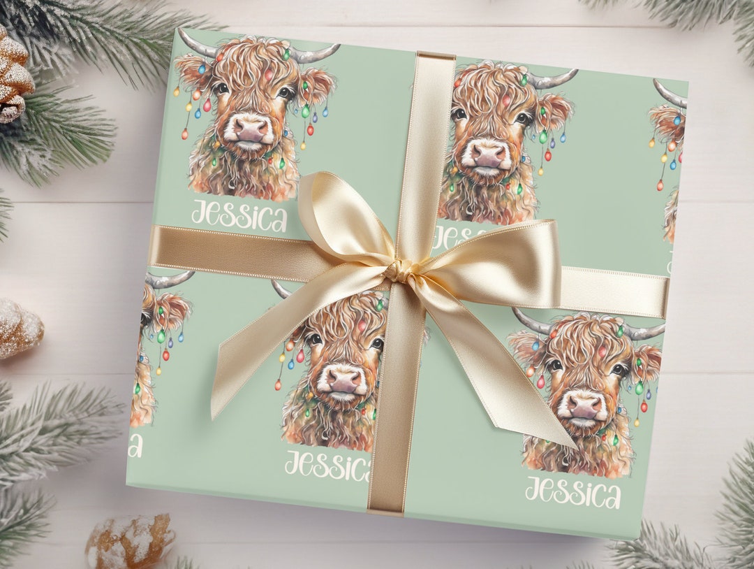 Custom Highland Cow Wrapping Paper, Christmas Wrapping, Custom Name