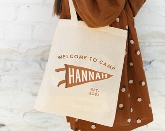 Borsa tote per bambini per la festa di compleanno a tema campeggio - Bandierina personalizzata con nome