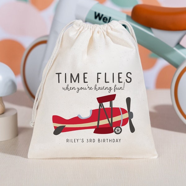 Airplane Birthday Bag - Kids Birthday Favors -Customized Goodie Bag -Custom Name -Childrens Name Bag -Kids Party Favor - Time Flies Birthday