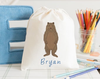 Bear Goodie Bag - Kids Goodie Bag - Customized Goodie Bag - Camping Party - Childrens Name Bag - Kids Party Favor - Drawstring Bag - Woods