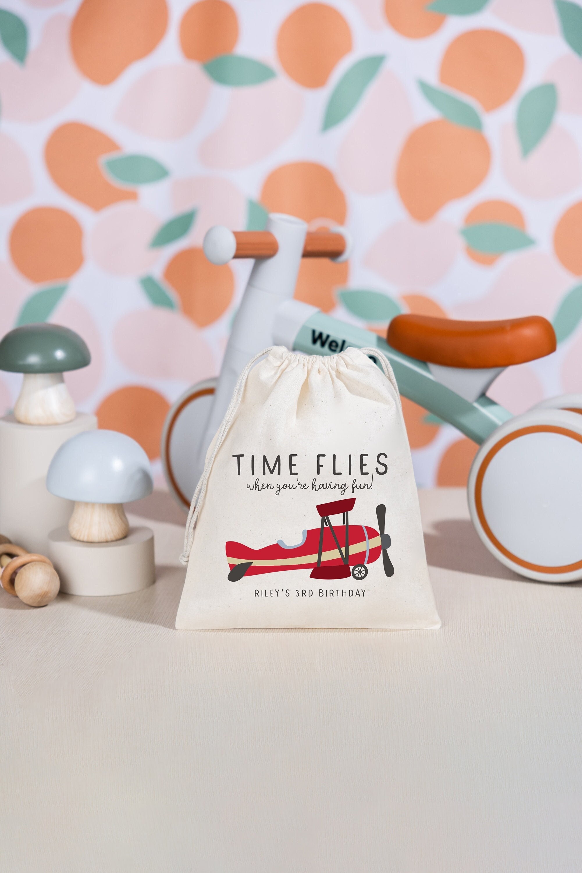 Airplane Birthday Bag - Kids Birthday Favors -Customized Goodie Bag -Custom Name -Childrens Name Bag -Kids Party Favor - Time Flies Birthday