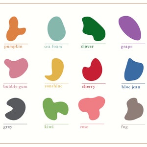 May include: A chart with 12 abstract shapes in various colors, each labeled with a name. The colors include pumpkin, sea foam, clover, grape, bubble gum, sunshine, cherry, blue jean, gray, kiwi, rose, and fog.