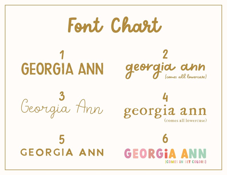 Pode incluir: Tabela de fontes mostrando seis maneiras diferentes de escrever o nome "Georgia Ann". A primeira op&ccedil;&atilde;o &eacute; em mai&uacute;sculas, a segunda &eacute; em min&uacute;sculas, a terceira tem a primeira letra de cada nome em mai&uacute;scula, a quarta &eacute; em min&uacute;sculas, a quinta &eacute; em mai&uacute;sculas e a sexta &eacute; em mai&uacute;sculas com cores do arco-&iacute;ris.