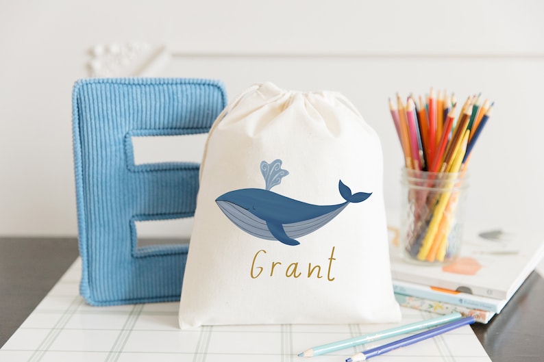 Whale Party Favor Under the Sea Birthday Bag Kids Goodie Bag Customized Game Day Bag Childrens Name Bag Ocean Party Blue Whale image 2