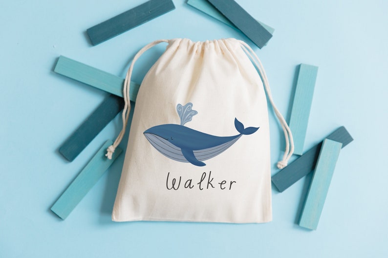 Whale Party Favor Under the Sea Birthday Bag Kids Goodie Bag Customized Game Day Bag Childrens Name Bag Ocean Party Blue Whale image 1