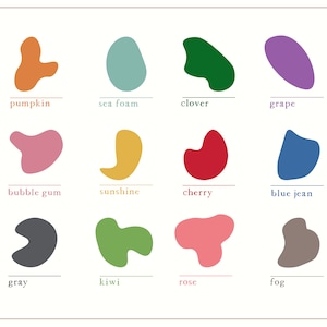 May include: A chart with 12 abstract shapes in different colors, each labeled with a name. The colors are: pumpkin, sea foam, clover, grape, bubble gum, sunshine, cherry, blue jean, gray, kiwi, rose, and fog.