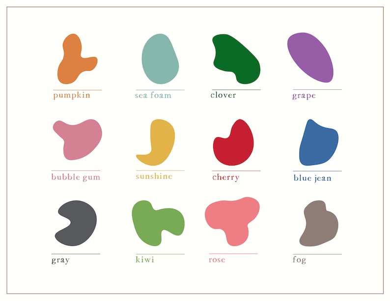 May include: A chart with 12 abstract shapes in different colors, each labeled with a name. The colors are: pumpkin, sea foam, clover, grape, bubble gum, sunshine, cherry, blue jean, gray, kiwi, rose, and fog.