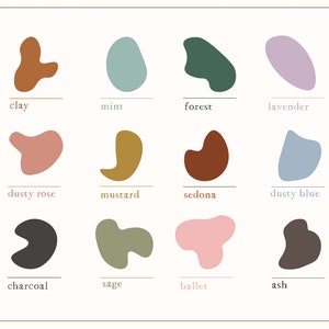 Pode incluir: Uma tabela de 12 amostras de cor com formas abstratas e nomes para cada cor: argila, menta, floresta, lavanda, rosa empoeirado, mostarda, sedona, azul empoeirado, carv&atilde;o, s&aacute;lvia, bal&eacute; e cinza.