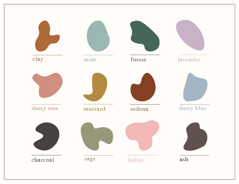 Pode incluir: Uma tabela de 12 amostras de cor com formas abstratas e nomes para cada cor: argila, menta, floresta, lavanda, rosa empoeirado, mostarda, sedona, azul empoeirado, carv&atilde;o, s&aacute;lvia, bal&eacute; e cinza.