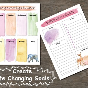 K&ouml;nnte beinhalten: Druckbarer Wochenplaner mit Aquarellhintergr&uuml;nden und Illustrationen eines Elefanten und eines Rehs. Der Planer enth&auml;lt Abschnitte f&uuml;r Ziele, To-Do-Listen, Notizen und Erinnerungen. Der Text "Create Life Changing Goals!" befindet sich am unteren Rand der Seite.