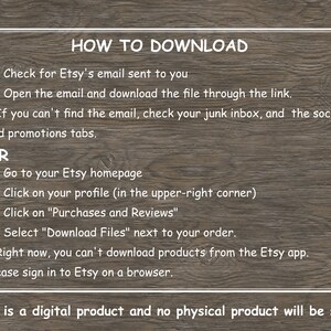 K&ouml;nnte beinhalten: Ein Textbild mit Anweisungen zum Herunterladen eines digitalen Produkts, das bei Etsy gekauft wurde. Die Anweisungen umfassen das Herunterladen der Datei aus einer E-Mail oder das Herunterladen der Datei von der Etsy-Website. Das Bild enth&auml;lt auch einen Hinweis darauf, dass das Produkt digital ist und kein physisches Produkt versandt wird.