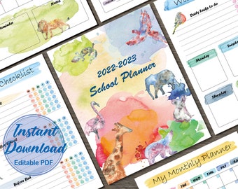 Printable Kids School Planner | 2022-2023 Täglicher, Wöchentlicher, Monatlicher Zeitplan | Sofortiger Download und bearbeitbar | Hausaufgaben und Readying Tracker