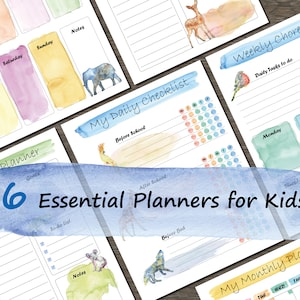 K&ouml;nnte beinhalten: Sechs druckbare Planerseiten f&uuml;r Kinder mit Aquarellhintergr&uuml;nden und Tierillustrationen. Die Seiten beinhalten eine t&auml;gliche Checkliste, einen w&ouml;chentlichen Aufgabenplan, einen Tagesplaner und einen Monatsplaner.