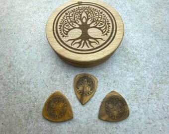Wooden Guitar Pick Plectrum Box Case With Celtic Tree of Life Design - Hand Made