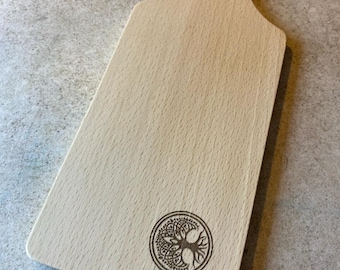 Small Beech Wooden Kitchen Garlic Herb Cutting Paddle Board With Celtic Tree of Life Design - Hand Made - Personalised