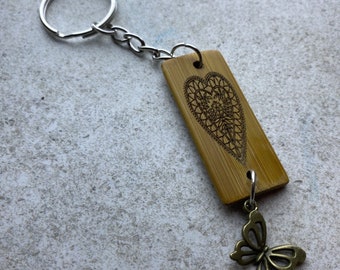 Bamboo Wooden Keyring Keychain With Floral Heart Design - Hand Made