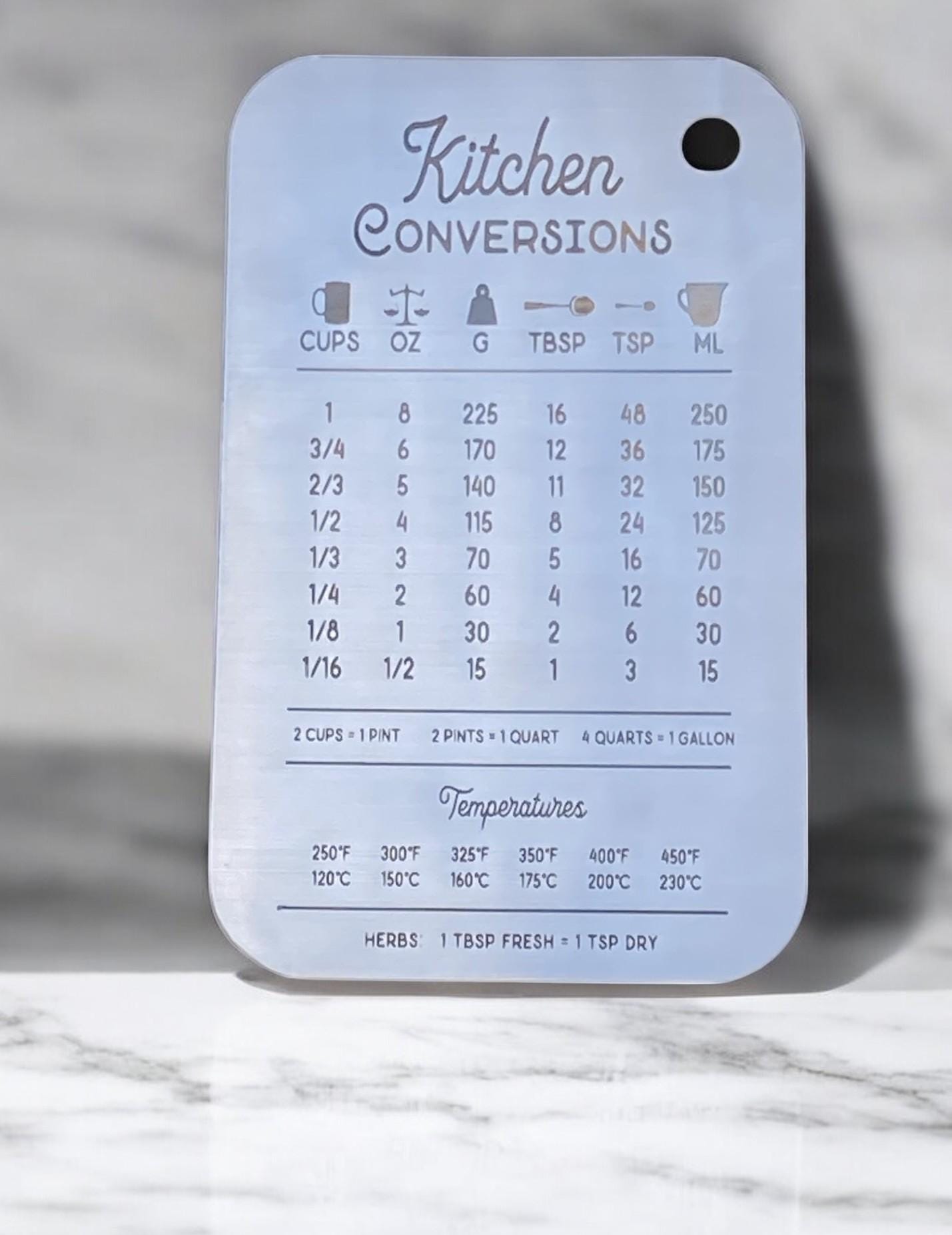 Stainless Steel Kitchen Measurements Chart, Weights and measures, Cooking gift, Cooking aid, measure conversions, cups to grams