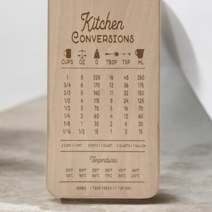 Umrechnungstabelle für die Küche, Bäcker Geschenk, Konversion Holzbrett, Koch Hilfe, Maßumwandlungen, Tassen in Gramm, Tassen in Unzen, Holzbrett