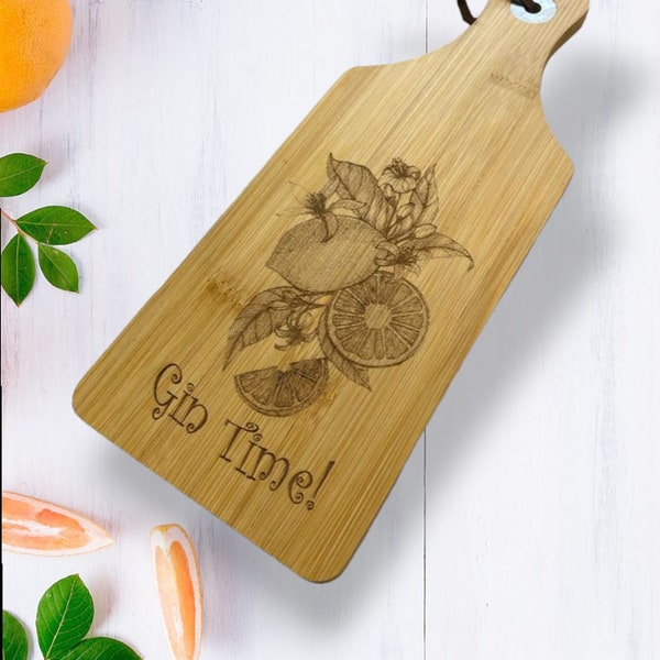 Artist Hand Drawn Lemon Floral Design, Paddle Shaped Serving Gin Time Bamboo Small Chopping Board Engraved Wooden Charcuterie Board