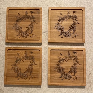 Set of 4 Wooden Drinks Coasters with Hand Drawn Bee Floral Design