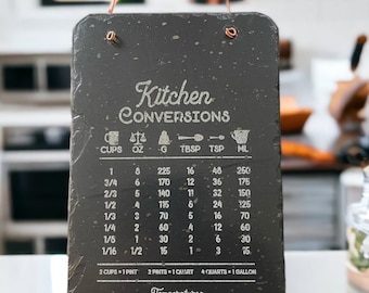 Kitchen measurements chart, cooking Gift, Cooking aid, measure conversions, cups to grams, Slate Wall Hanging