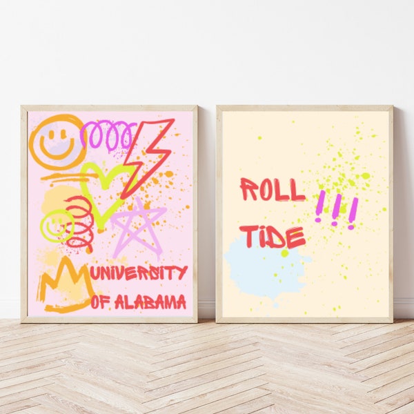 Set of 2 College Art Prints, Digital Download Art, University of Alabama Wall Art, Dorm Wall Art, Roll Tide