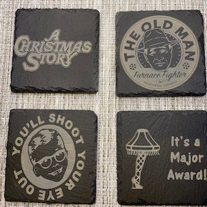 A CHRISTMAS STORY - Slate Coasters SQUARE - Set of 4- Ralphie, The Old Man, and the Leg Lamp - Drink Coasters, Gifts, Sealed or Natural