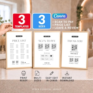 May include: Three gold-framed signs featuring white backgrounds with black text and graphics. The signs display a price list, scan to pay options with QR codes, and a thank you message with review prompts. The text includes 3 TEMPLATES, 3 SIZES, and Canva.
