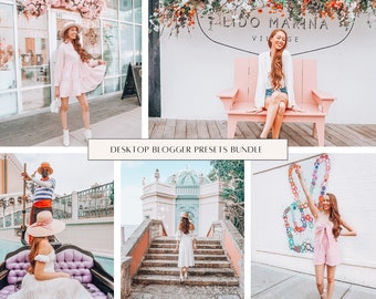 May include: A collage of images featuring various locations and people. The top left image shows a woman wearing a pink dress and a hat, standing in front of a building with pink flowers. The top right image shows a woman sitting on a pink bench in front of a pink wall with the text "LIDO MARINA VILLAGE". The bottom left image shows a woman in a white dress sitting in a gondola. The bottom middle image shows a woman in a white dress walking down a set of stairs in front of a building with a green dome. The bottom right image shows a woman wearing a pink outfit standing in front of a wall with a colorful peace sign.