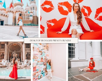 May include: A collage of photos featuring a woman in different outfits and locations. The photos are arranged in a grid pattern and include a red dress, a white dress, a blue and white striped shirt, and a red beret. The photos are all taken in a bright, sunny setting. "DESKTOP BLOGGER PRESETS BUNDLE" is written in white text on a black background.