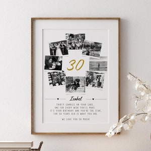 May include: A framed print with a collage of black and white photos, the number "30" in gold script, and the name "Isobel." The text reads "Thirty candles on your cake... We love you so much!" A heartfelt birthday gift.