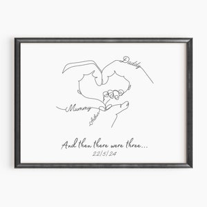 Gepersonaliseerde afdruk familiehanden, nieuwe babyaandenken, minimalistische lijntekeningen, eerstgeborene aangepast cadeau, pasgeboren aandenken, familiehanden muurkunst