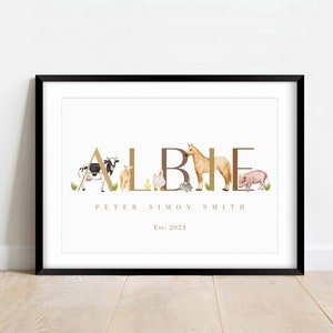 Impresión personalizada con nombre de animal de granja, regalo para habitación infantil, decoración rústica de granja, animales de granero, regalo para bebé recién nacido, regalo de arte de granja