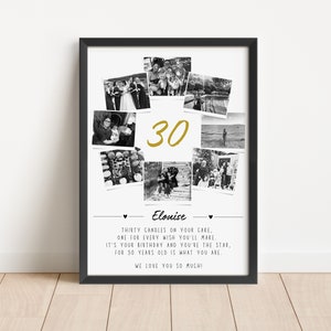 May include: A framed black and white photo collage with the number "30" in gold. The collage includes several small black and white photos arranged around the number. Text below reads "Elouise" and a birthday message. The frame is displayed on a light wood surface.