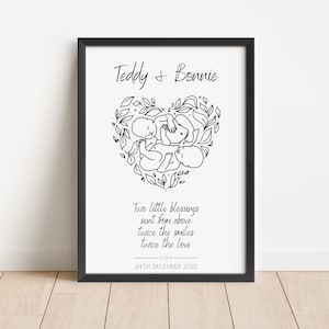 Personalised Twins Print, Gift for New Family, Twin Babies, Minimalist Line Art, Baby Shower, Family Names, Date of Birth, New Mummy & Daddy