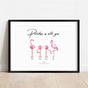 Estampa personalizada de flamingo para família, presente de personagem personalizado, novo animal para a família, decoração de flamingo em aquarela, presente para casa nova, flamingo rosa