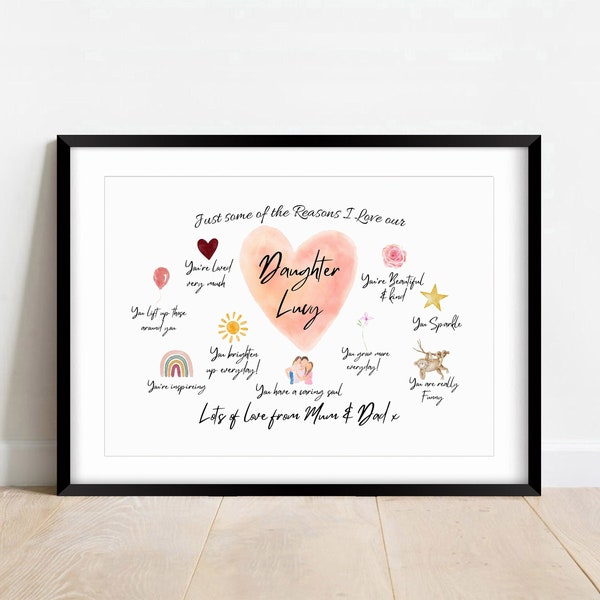 Personalised Mother Daughter Gift, Lots of  Reasons I Love You, Gift for Daughter Mum Dad, Daughter Birthday Print, Daughter Affirmation