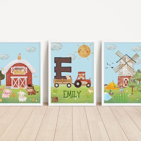 Personalised Farm Nursery Print Set, Custom Farm Style Rustic Nursery Decor, Farm Decor, Childrens Farm Theme, Animal Wall Art, Farm Bedroom