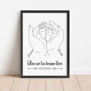 Personalisiertes neues Familienposter, Muttertagsgeschenk gerahmt, Geschenk für neue Familie, minimalistische Babyfüße-Linie Kunstdruck, Namen und Geburtsdatum