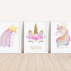 Personalised Unicorn and Rainbows Girls Bedroom Print Set, Set of 3 Pastel Style Posters, Magical Unicorn Nursery Theme, Girls Sparkle Print
