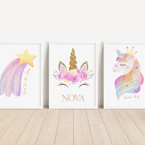Personalised Unicorn Nursery Print Set: Pastel Rainbow Decor (Set of 3)