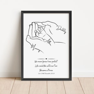 Personalised Family Poster, First Baby Gift, New Family Present, Minimalist Line Art Print, Baby Shower, Fathers Day Gift, Newborn Hand Art