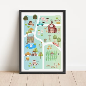 Affiche de pépinière de ferme, carte de la ferme à l'aquarelle, oeuvre d'art pour pépinière de ferme, décoration de ferme rustique, affiche cour de grange, animaux de la ferme, sons d'animaux, éducation