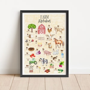 Póster del alfabeto de la granja, impresión para guardería con temática de granja, decoración de guardería, decoración de animales de granja, animales estilo granja, póster grande, educativo
