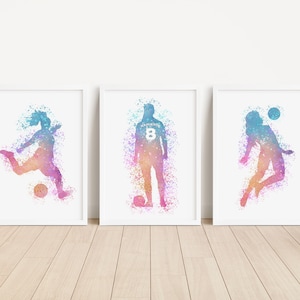 Girls Football Player Personalised Gift Set, Custom Football Colourful Print Set of 3, Womens Soccer Art, Watercolour Splash, Ladies Sports